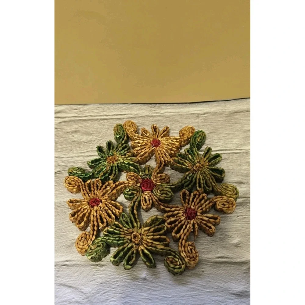 Raffia And Wicker Boho Flower Trivet Set Of Three Vintage Coiled Design
